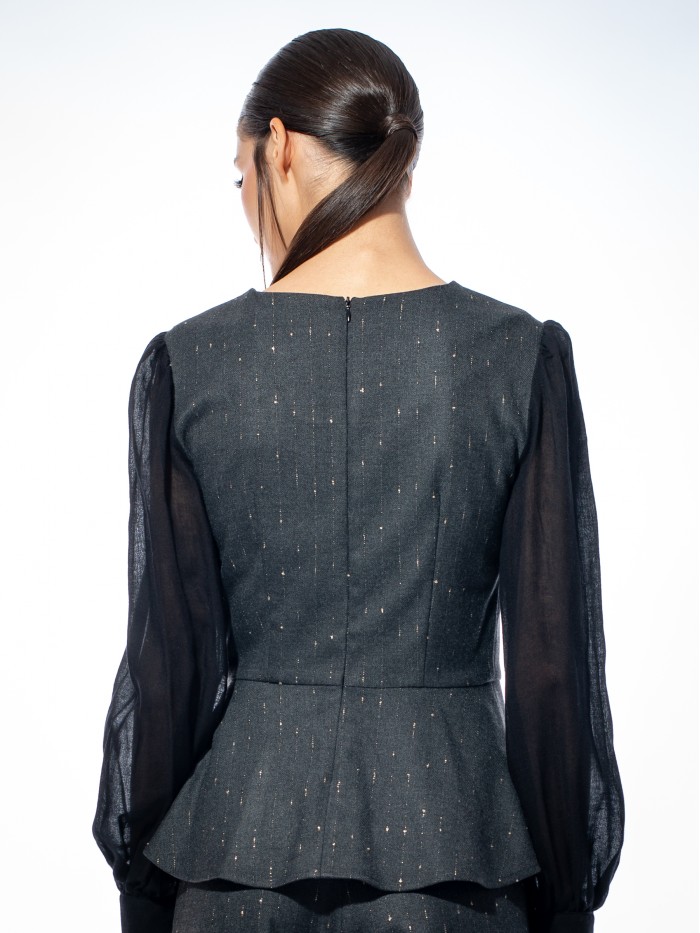 Bluza gri cu falduri si maneci negre voal lana