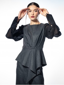 Bluza gri cu falduri si maneci negre voal lana