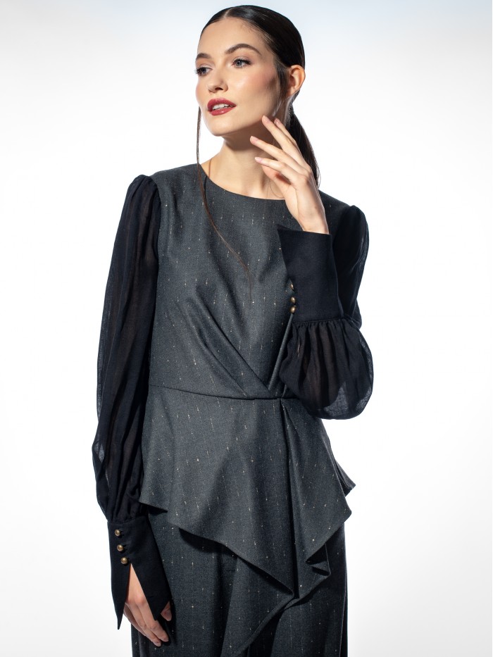 Bluza gri cu falduri si maneci negre voal lana